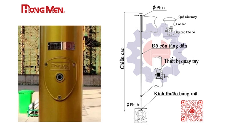 Kích thước thiết kế kỹ thuật chiều cao, bảng mã cột cờ inox HongMen